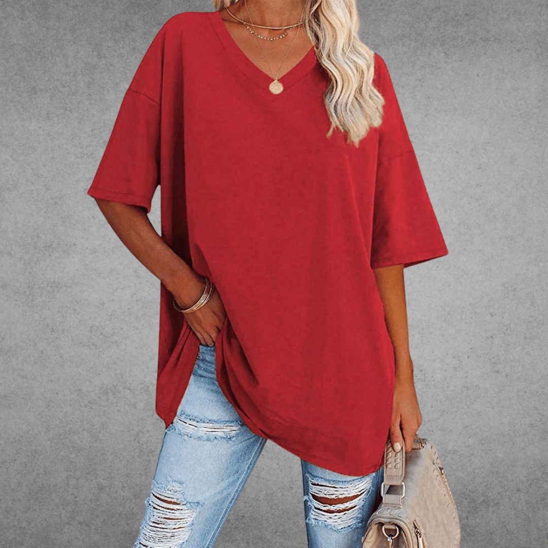 Oversized T-shirt - Lang - Losse pasvorm - T-shirt met V-hals - Dames-top-Boutique Moda