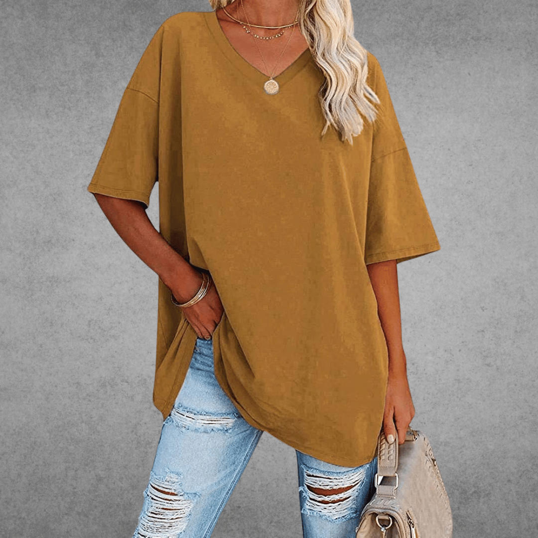 Oversized T-shirt - Lang - Losse pasvorm - T-shirt met V-hals - Dames-top-Boutique Moda