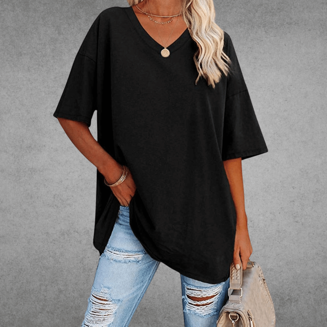 Oversized T-shirt - Lang - Losse pasvorm - T-shirt met V-hals - Dames-top-Boutique Moda