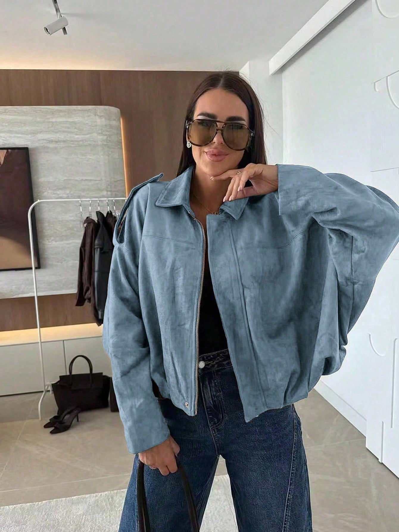 Oversized bomberjack dames – Suèdelook jas met rits en kraag-Boutique Moda