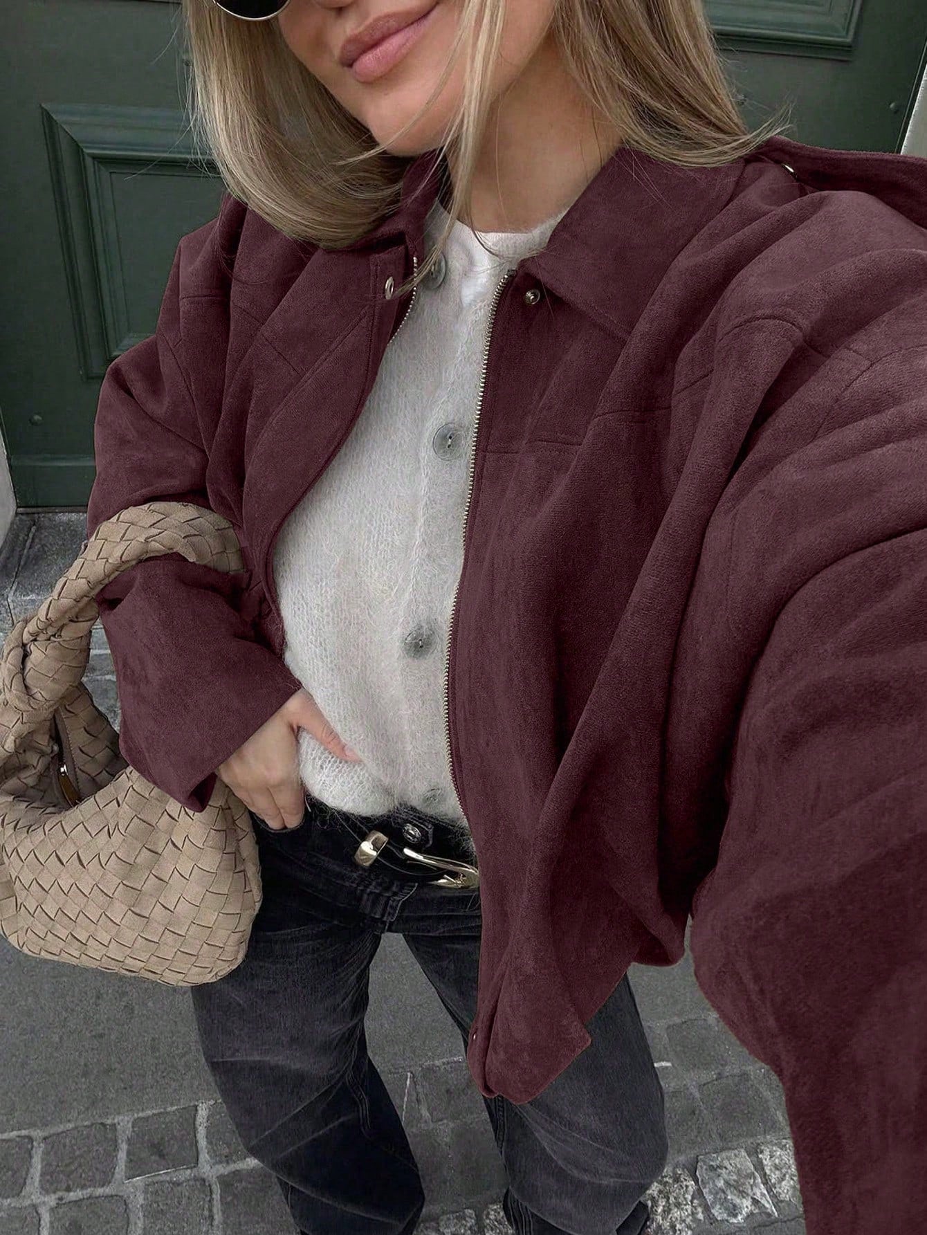 Oversized bomberjack dames – Suèdelook jas met rits en kraag-Boutique Moda