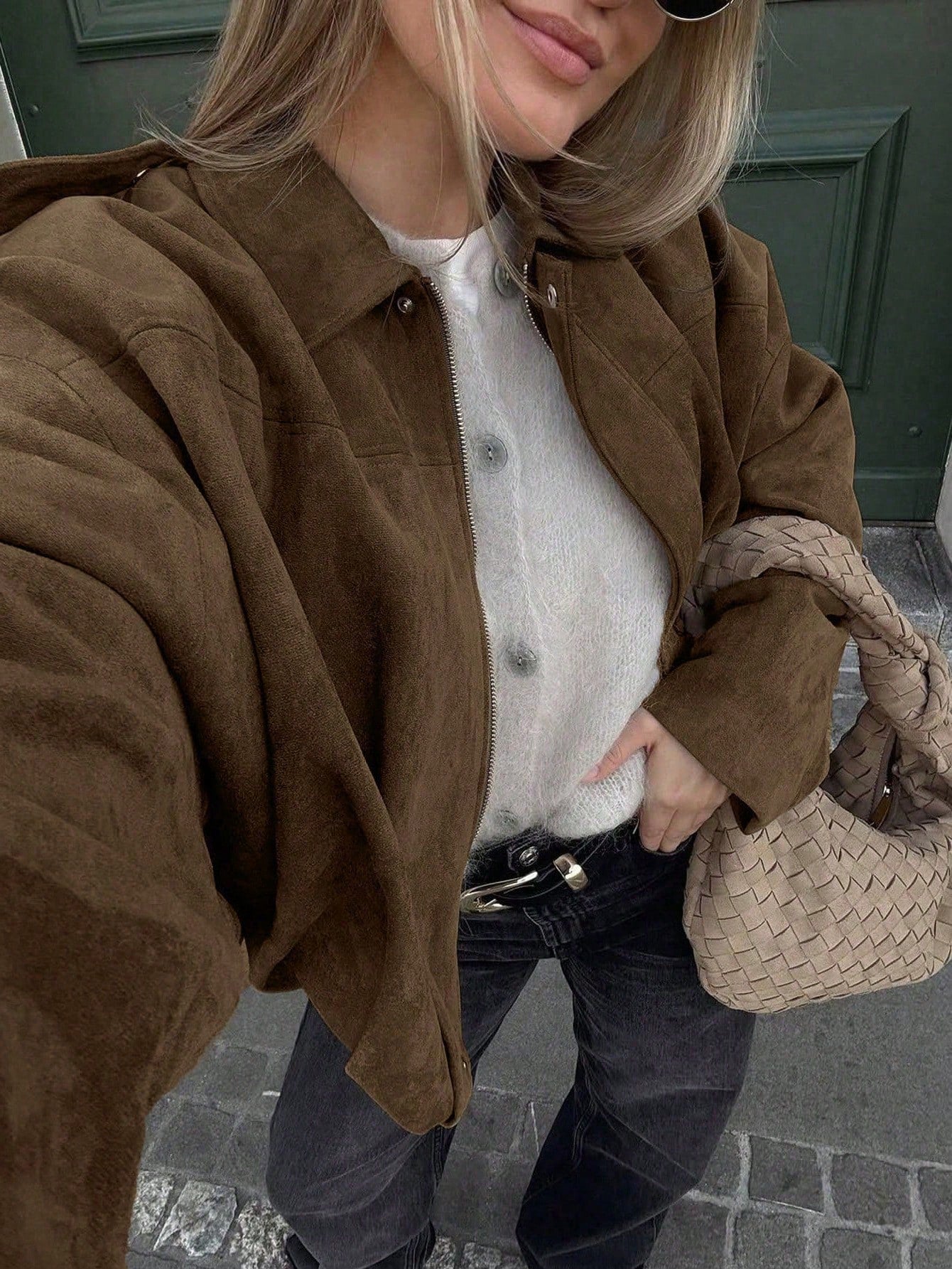Oversized bomberjack dames – Suèdelook jas met rits en kraag-Boutique Moda