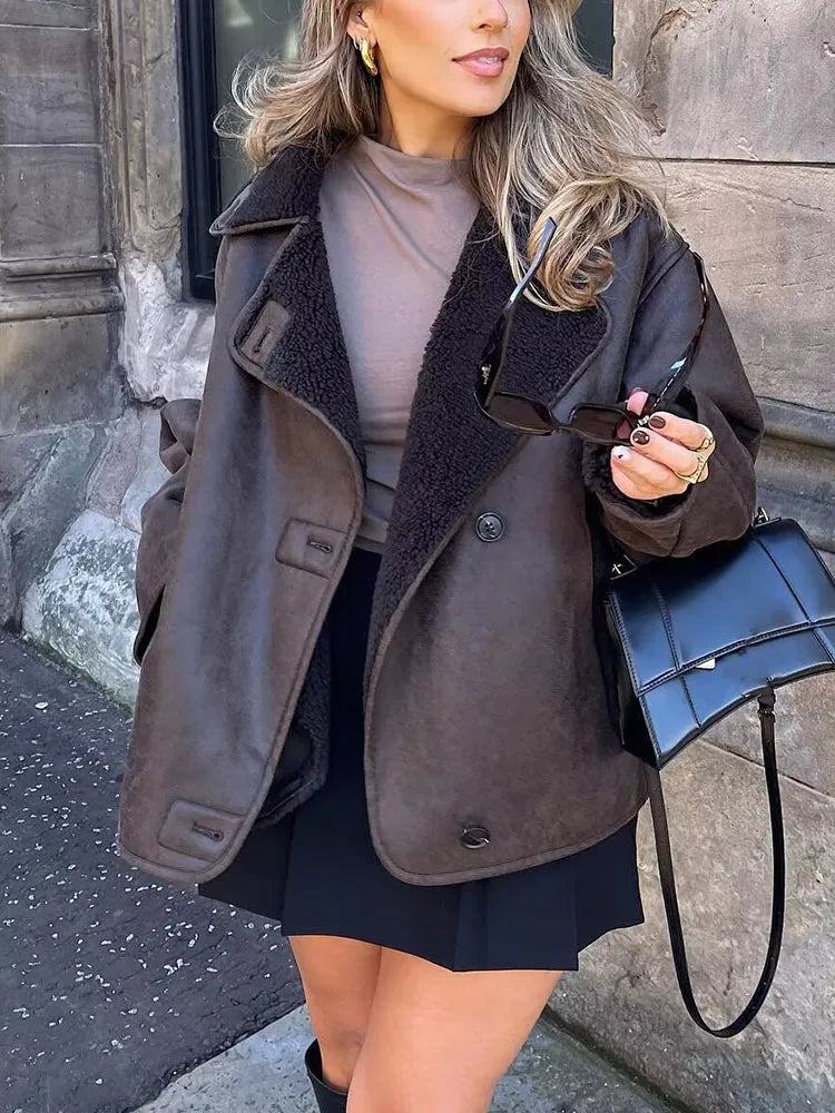 Oversized leren jas - Vintage - Winter - Fleece gevoerde Leren Jas - Damesjas-Boutique Moda