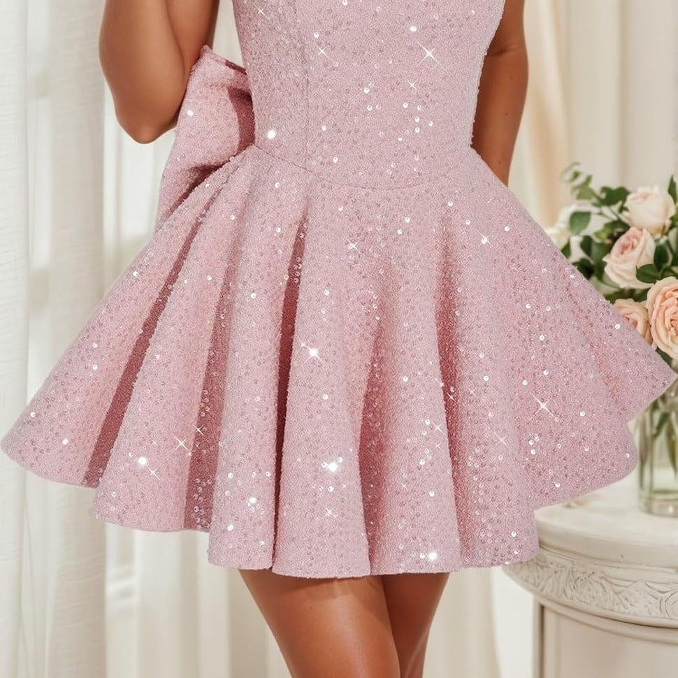 Pailletten Jurk Dames – Mouwloze Glitter Mini Feestjurk met Strik-Boutique Moda