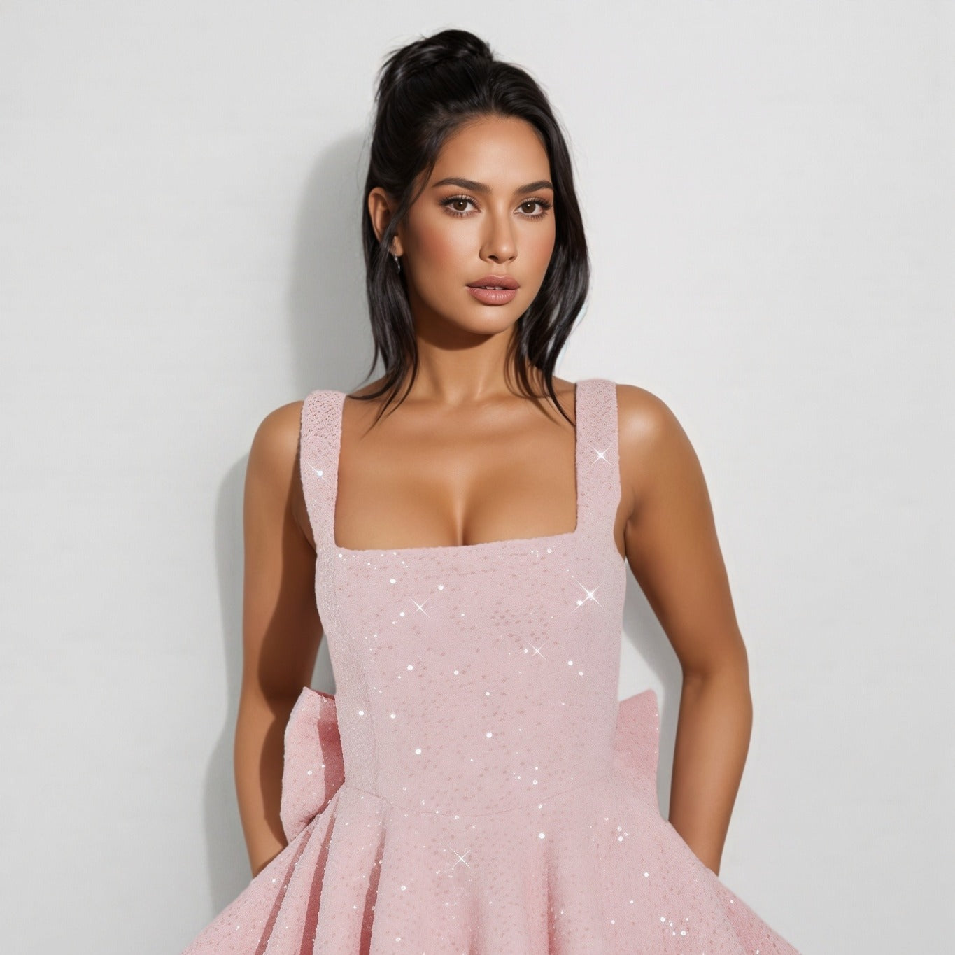 Pailletten Jurk Dames – Mouwloze Glitter Mini Feestjurk met Strik-Boutique Moda