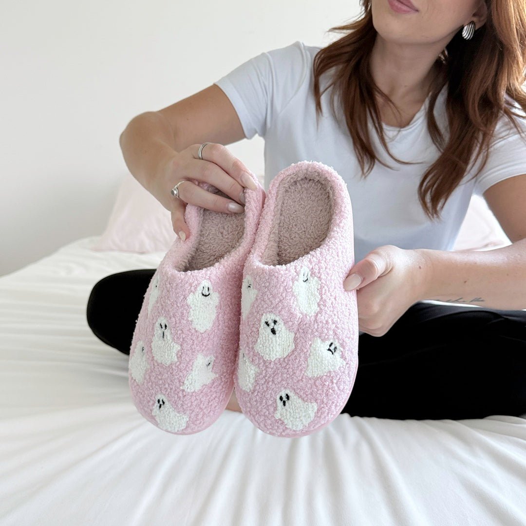 Pantoffels Dames | Spookjes Print | Roze Pluche Sloffen-Boutique Moda
