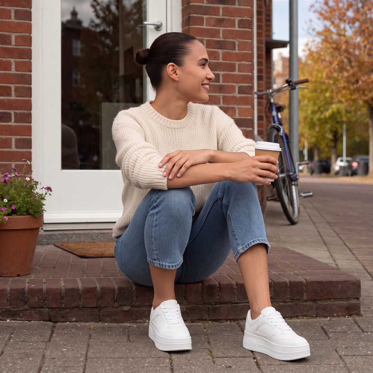Witte plateau sneakers dames gedragen met cropped jeans en een crème trui, zittend op een stoep | Boutique Moda