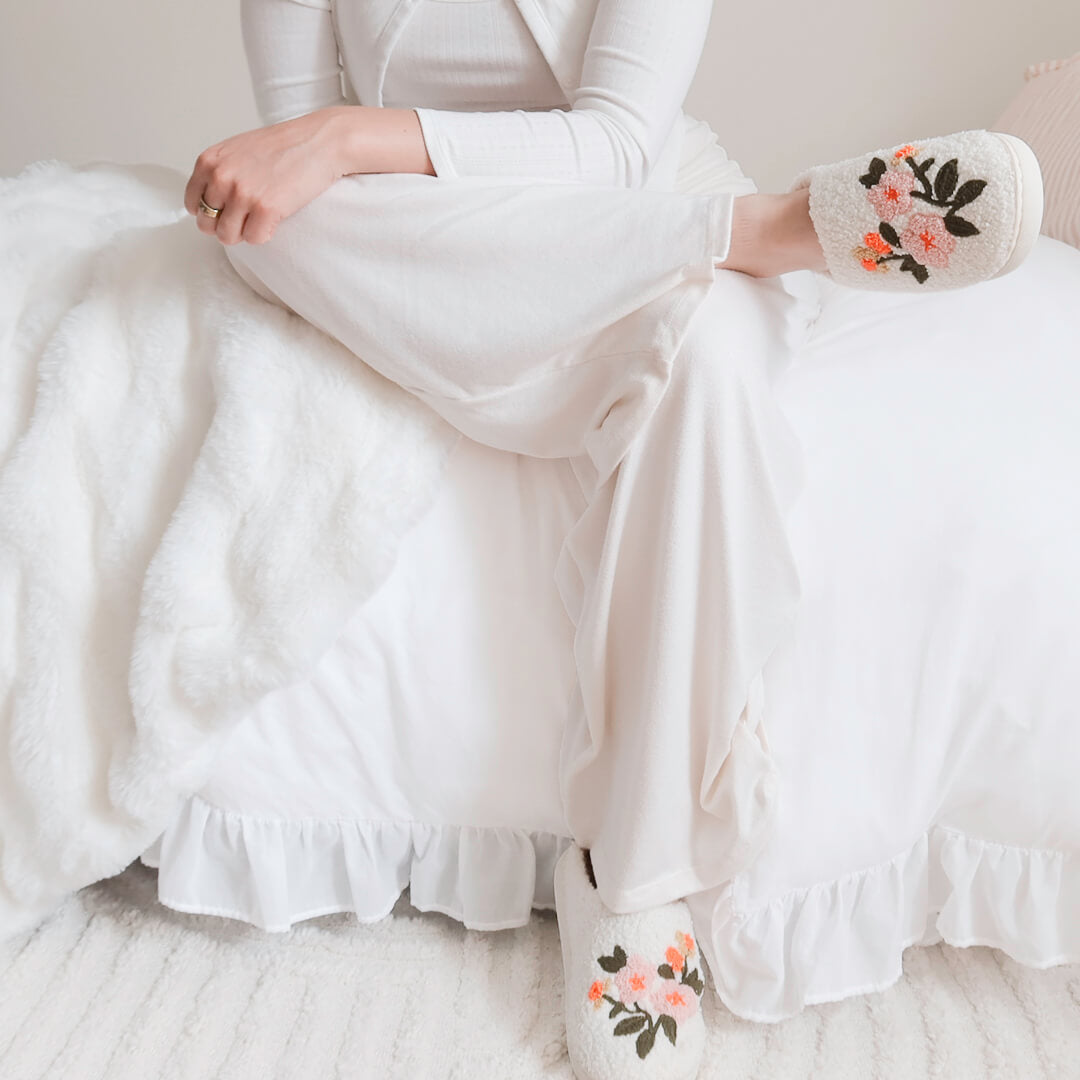 Pluche Pantoffels Dames | Geborduurde Bloemen Sloffen | Instap Huissloffen-Boutique Moda