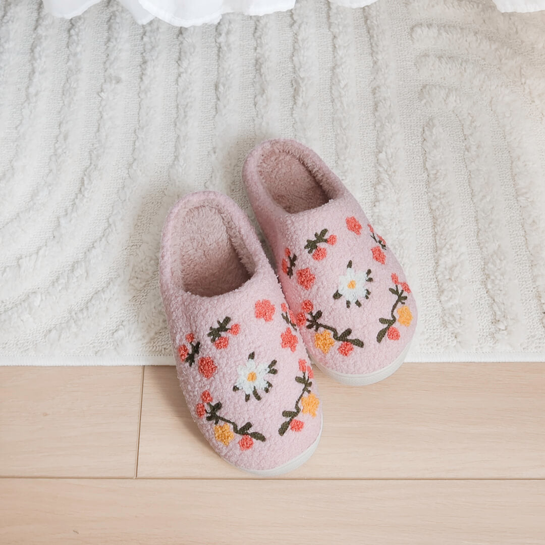 Pluche Pantoffels Dames | Geborduurde Bloemen Sloffen | Instap Huissloffen-Boutique Moda