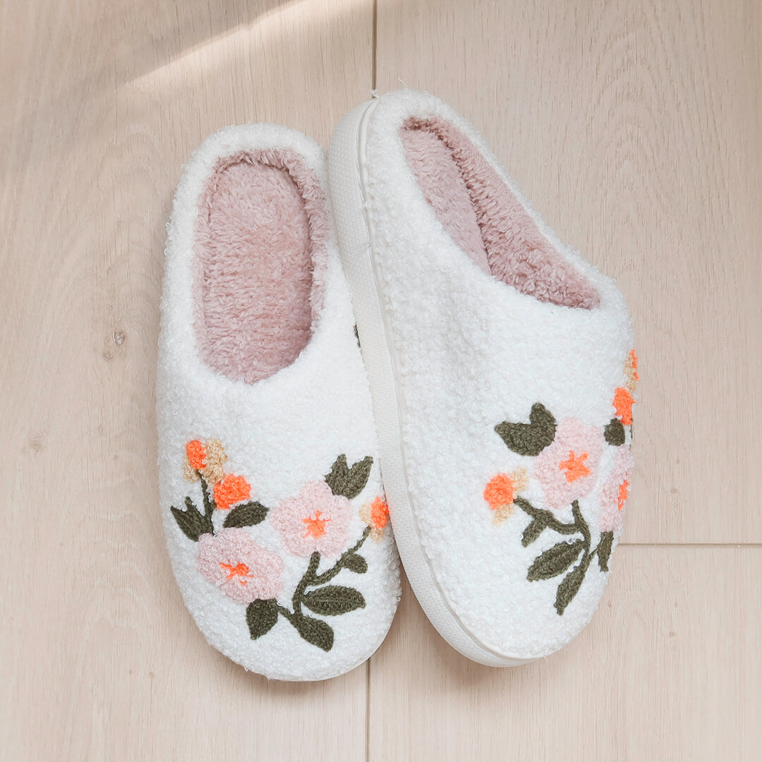 Pluche Pantoffels Dames | Geborduurde Bloemen Sloffen | Instap Huissloffen-Boutique Moda