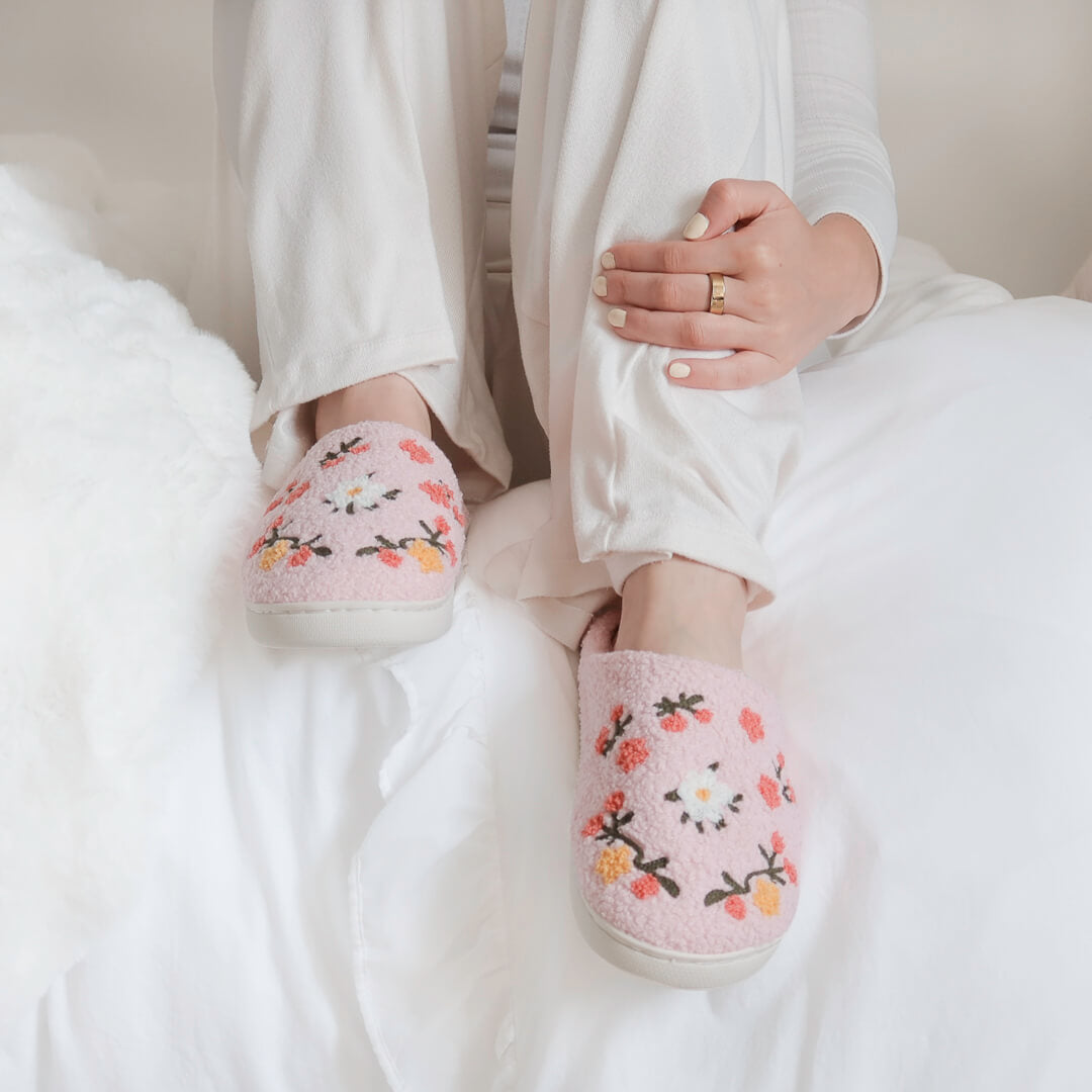 Pluche Pantoffels Dames | Geborduurde Bloemen Sloffen | Instap Huissloffen-Boutique Moda