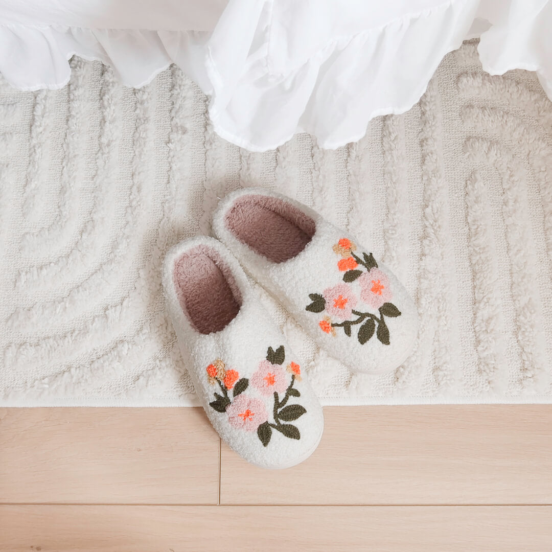 Pluche Pantoffels Dames | Geborduurde Bloemen Sloffen | Instap Huissloffen-Boutique Moda