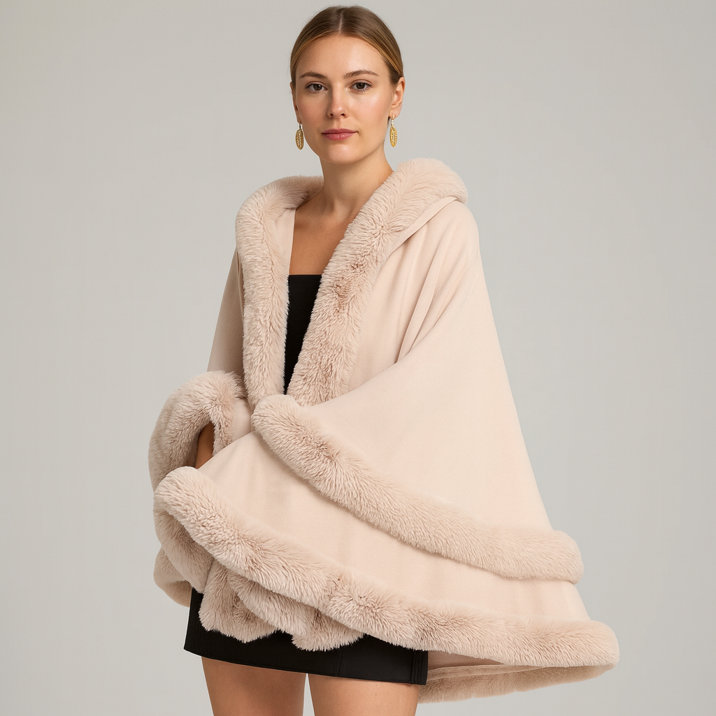 Poncho met bontrand | Imitatiebont | Poncho | Bontsjaal | Vrouwenmantel-Boutique Moda
