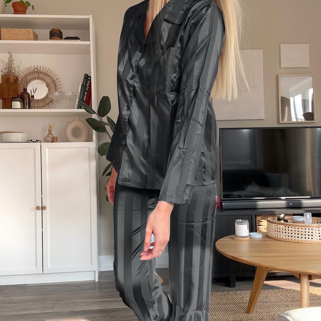 Pyjama Dames | Satijn Lange Mouw | Streepdessin Set-Boutique Moda