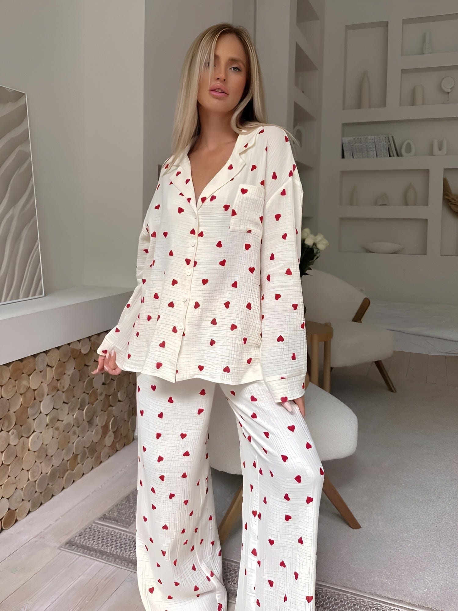 Pyjamaset - Dameslinnen lange mouwen Pyjama met hartjesprint-Boutique Moda