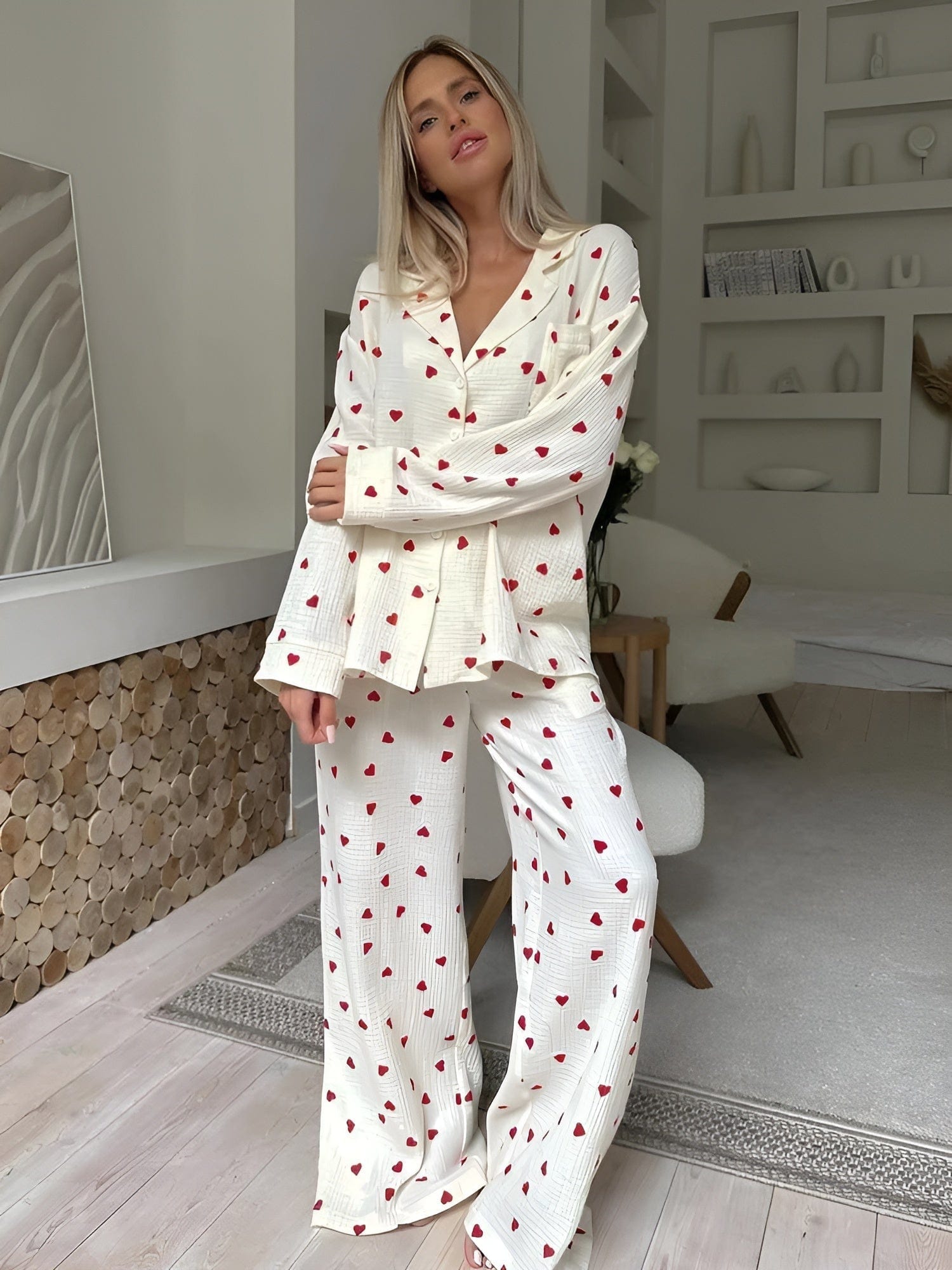 Pyjamaset - Dameslinnen lange mouwen Pyjama met hartjesprint-Boutique Moda