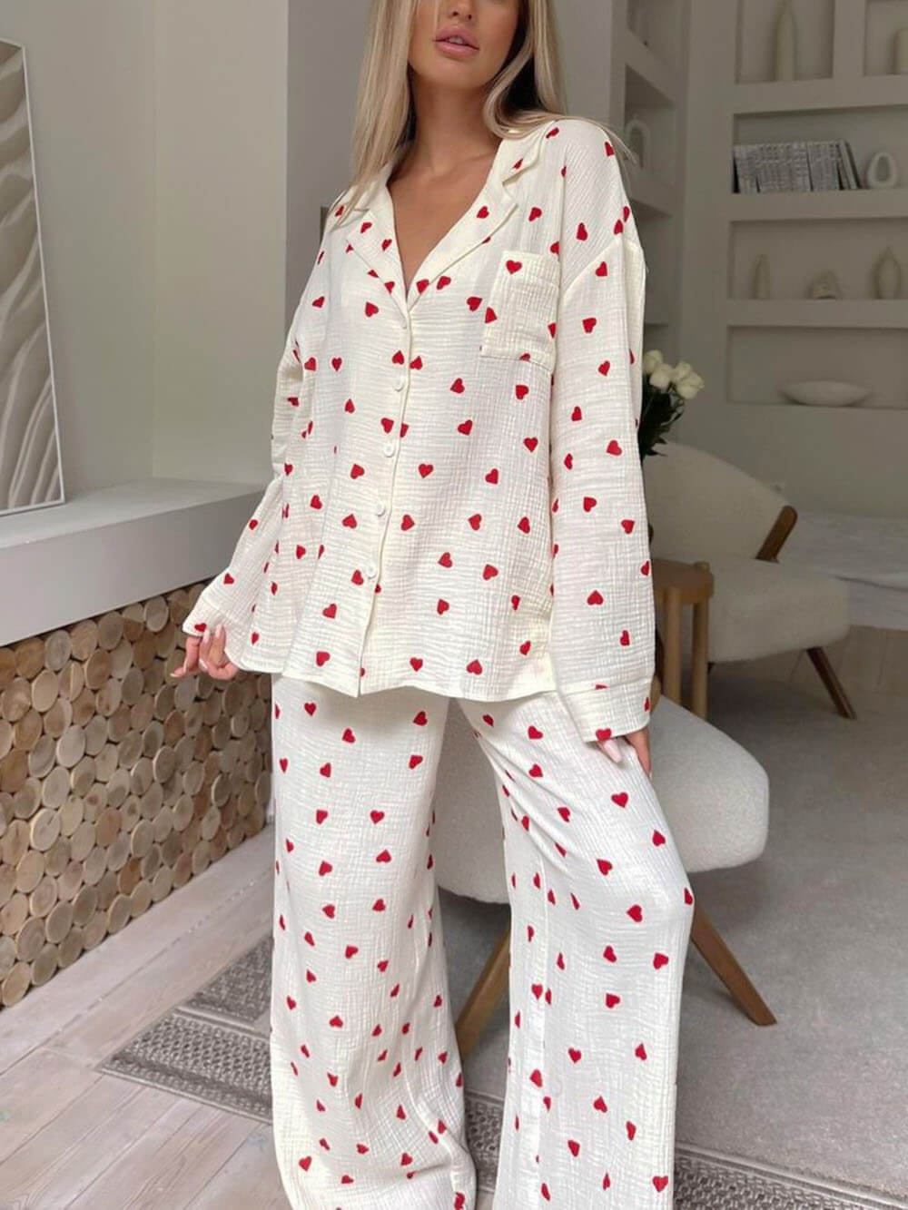 Pyjamaset | Hartjesprint | Lange Mouw | Dames-Boutique Moda