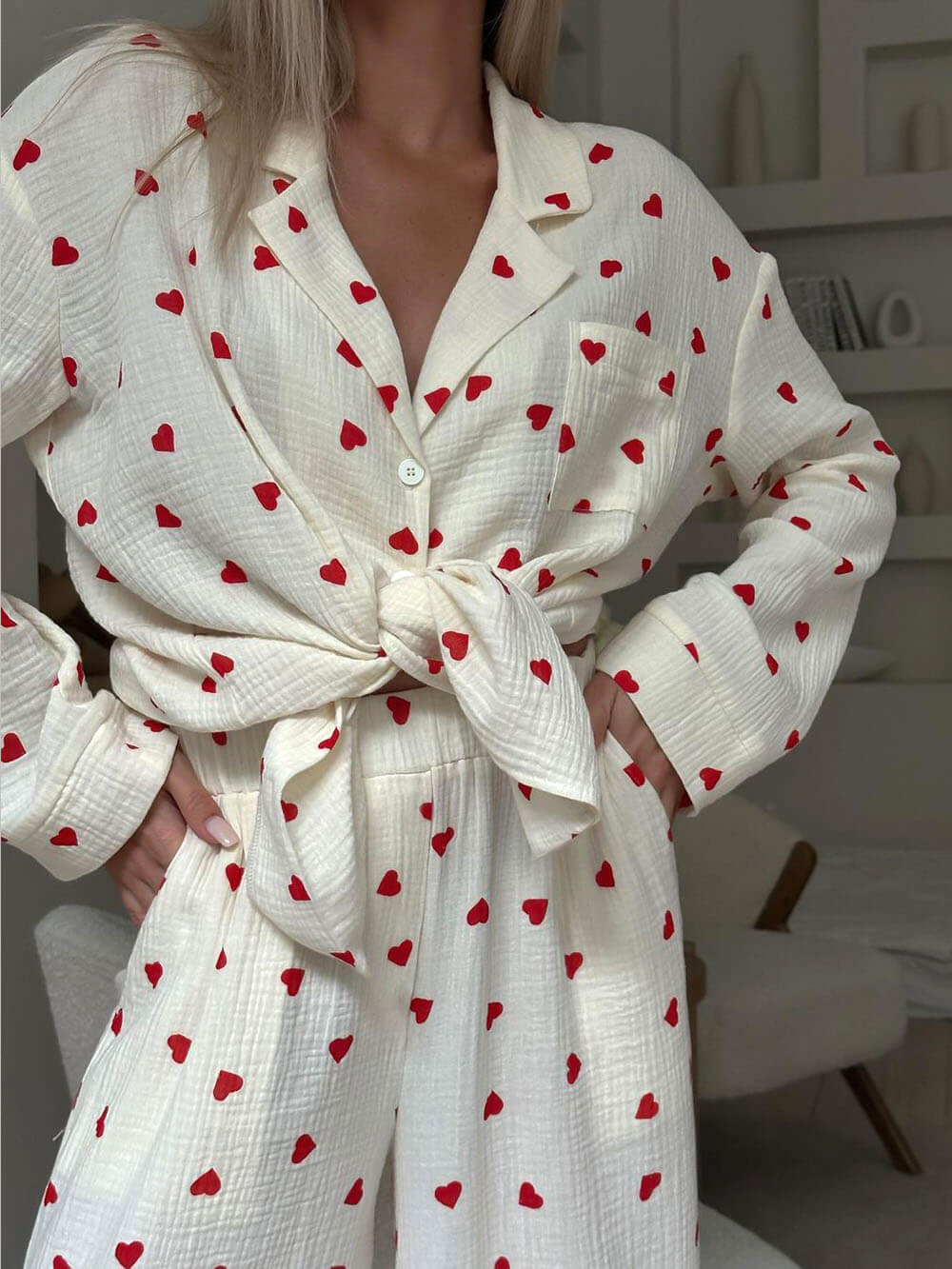 Pyjamaset | Hartjesprint | Lange Mouw | Dames-Boutique Moda