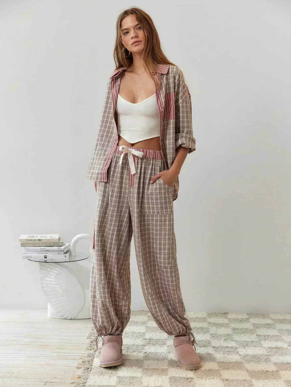 Pyjamaset - Ruime pyjama met lange mouwen en ruitjesmotief voor dames-Boutique Moda