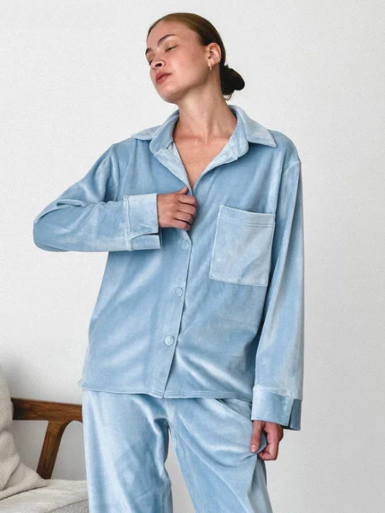 Pyjamaset - Warme blauwe fleece pyjama met lange mouwen voor dames-Boutique Moda