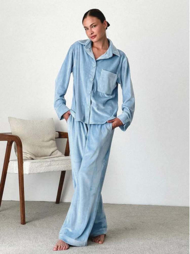 Pyjamaset - Warme blauwe fleece pyjama met lange mouwen voor dames-Boutique Moda