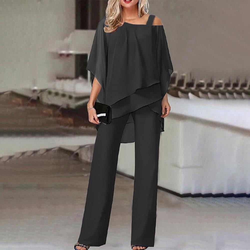 Samengestelde set - Chiffon blouse en broek met rechte pijpen voor dames-Boutique Moda