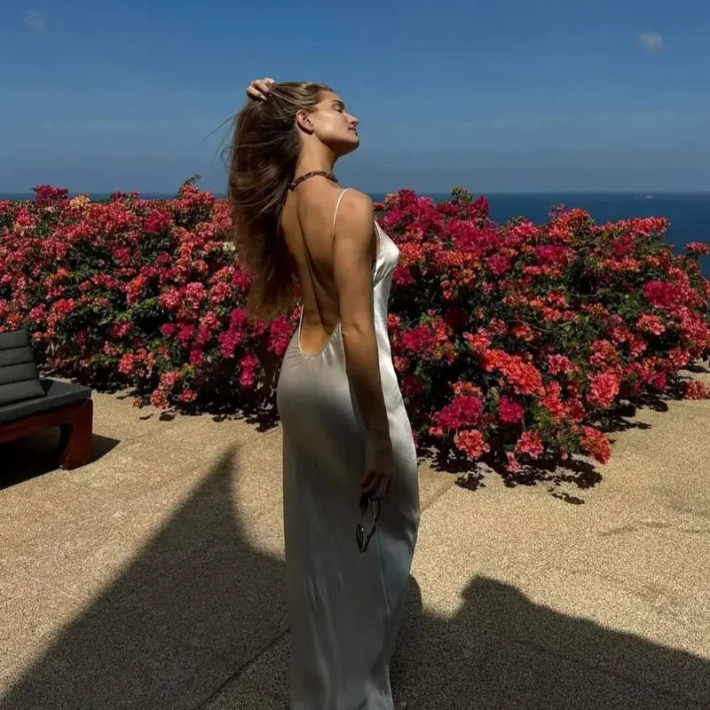 Satijnen Jurk | Elegant | Wit | Jurk met Open Rug | Maxi Zondjurk-Boutique Moda