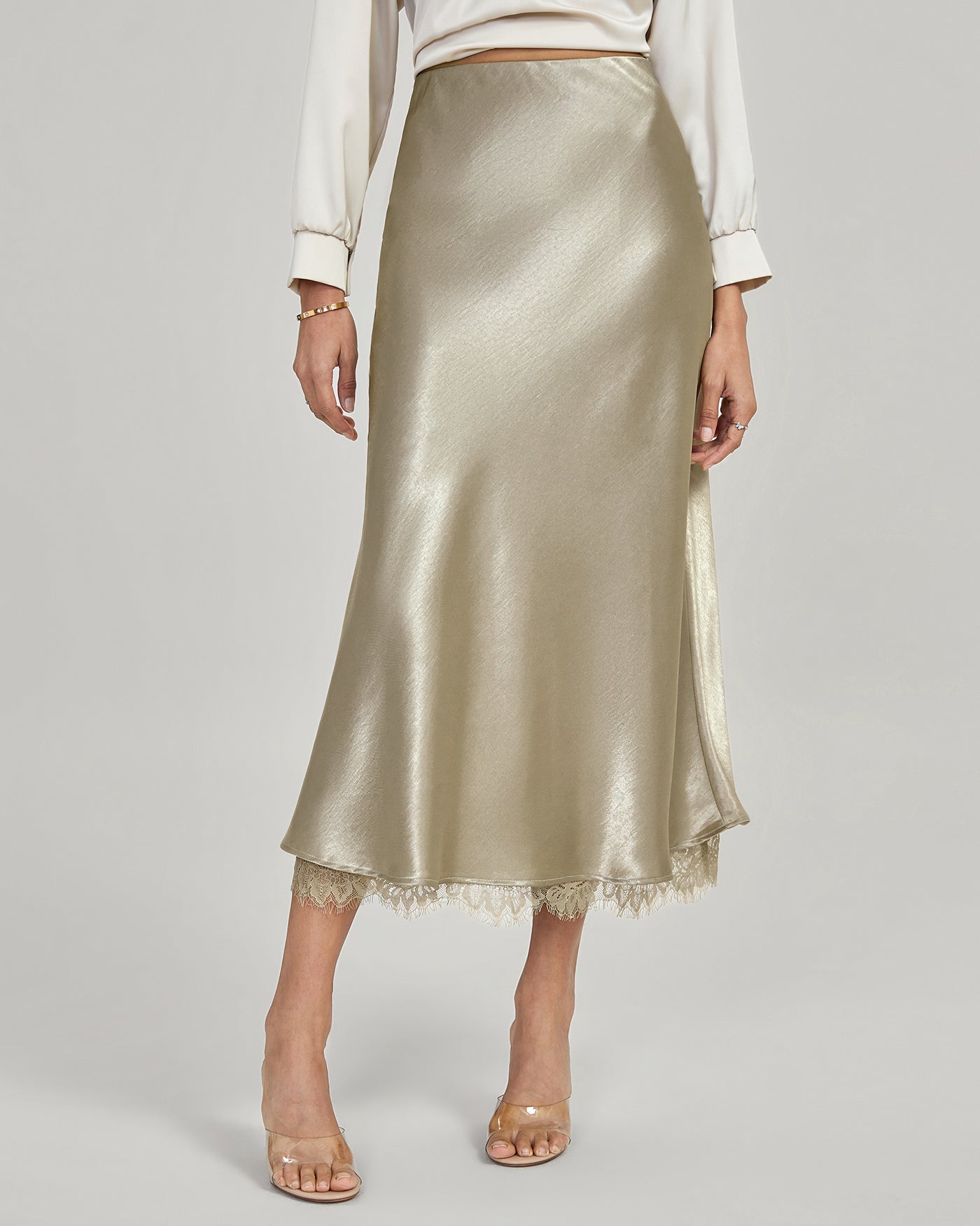 Satijnen Rok | Beige | Kanten zoom | Midirok | A-lijn rok-Boutique Moda