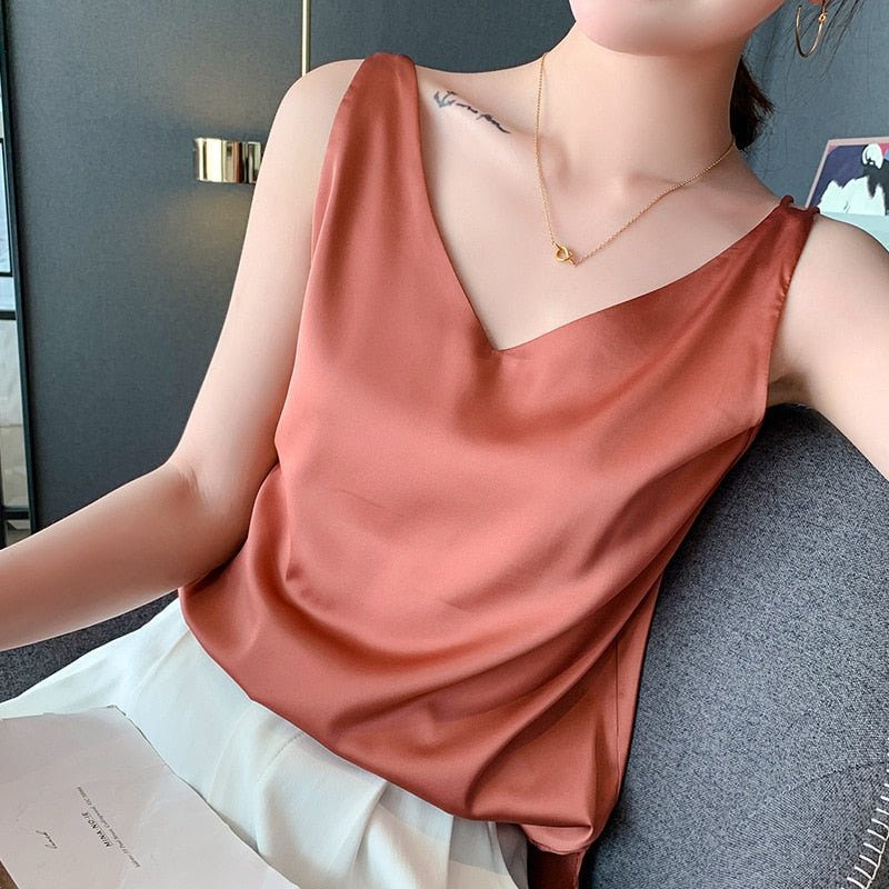 Satijnen Top - Elegante, lichte mouwloze top met V-hals voor dames-Boutique Moda