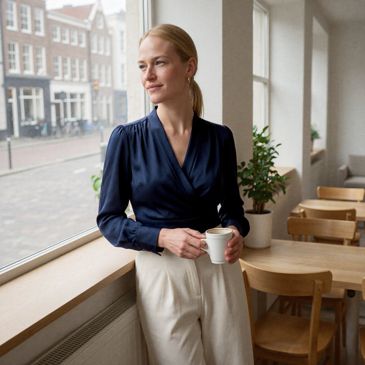 Vrouw draagt een donkerblauwe satijnen blouse met V-hals en een crèmekleurige wijde broek bij een caféraam in Amsterdam | Boutique Moda