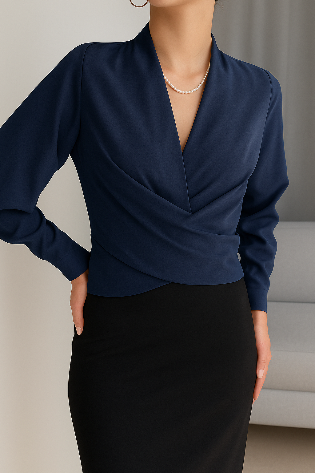 Satijnen blouse - lange mouwen - V-hals - satijnen overhemd - damesblouse-Boutique Moda