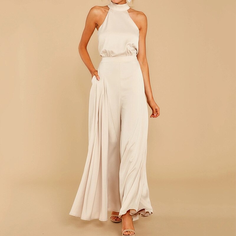 Satijnen jumpsuit - Soepelvallend - Halternek - Jumpsuit met wijde pijpen - Elegante jumpsuit-Boutique Moda