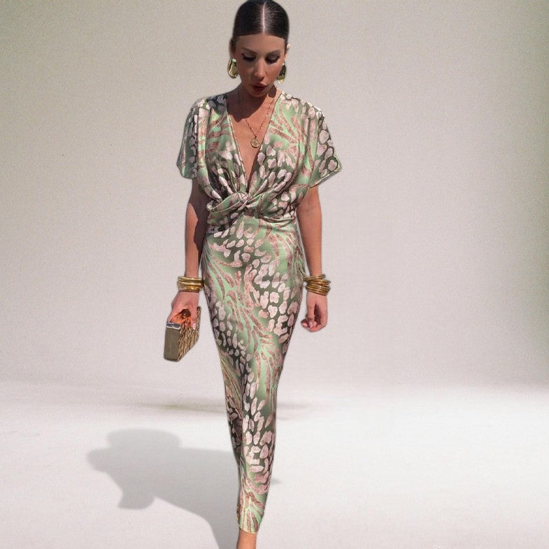 Satijnen jurk - diepe V-hals - korte mouwen - maxi jurk - zomerjurk-Boutique Moda
