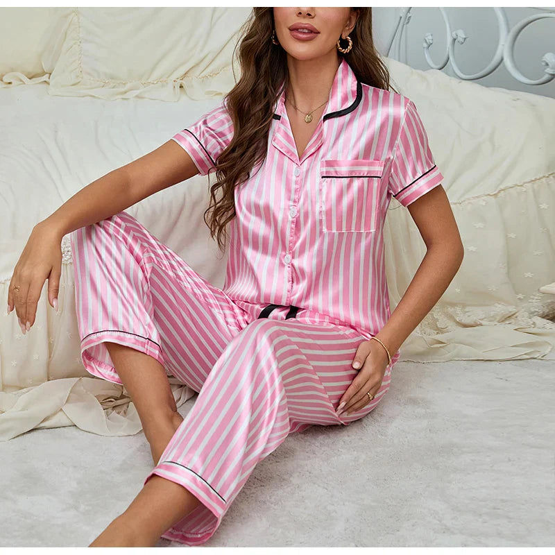 Satijnen pyjama | Gestreepte | Korte mouwen | Pyjamaset | Nachtkleding voor dames-Boutique Moda