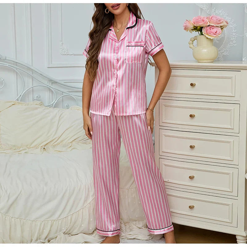 Satijnen pyjama | Gestreepte | Korte mouwen | Pyjamaset | Nachtkleding voor dames-Boutique Moda
