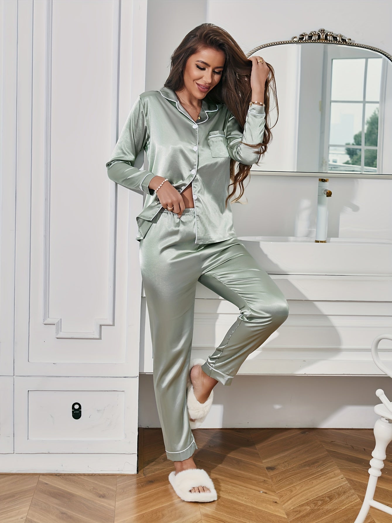 Satijnen pyjama | Lange mouw | Zijdezachte satijnen set-Boutique Moda