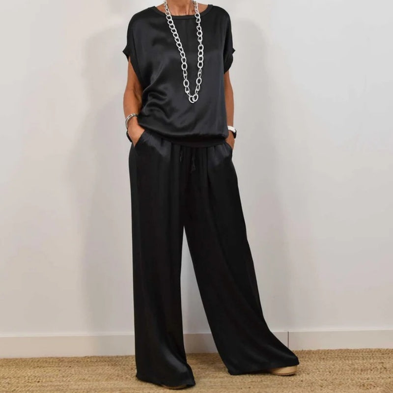 Satijnen set | Korte mouwen | Wijde pijpen | Tweedelige set | Dameskleding-Boutique Moda