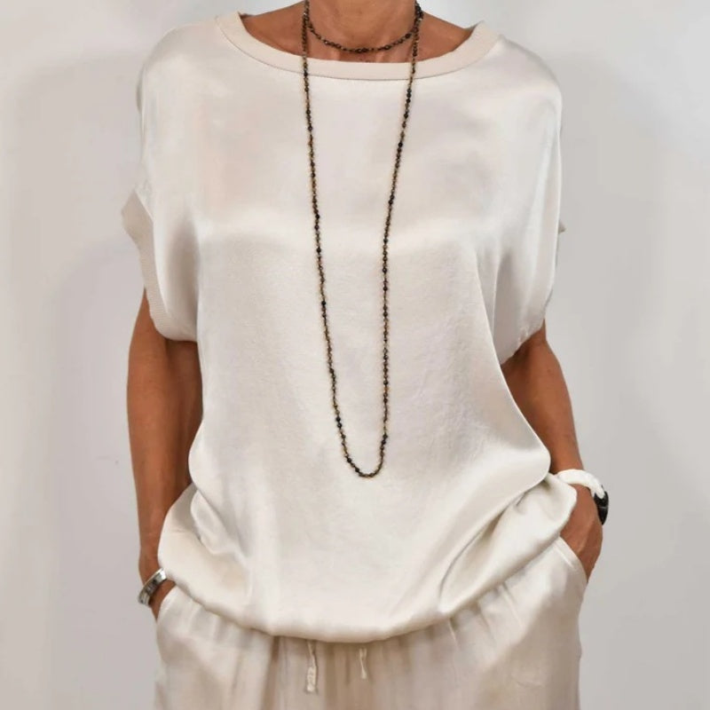 Satijnen set | Korte mouwen | Wijde pijpen | Tweedelige set | Dameskleding-Boutique Moda