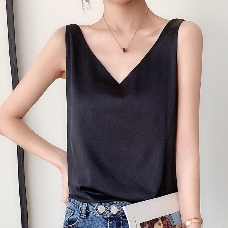 Satijnen top - Mouwloos - V-hals - Zijdezachte top - Dames-top-Boutique Moda