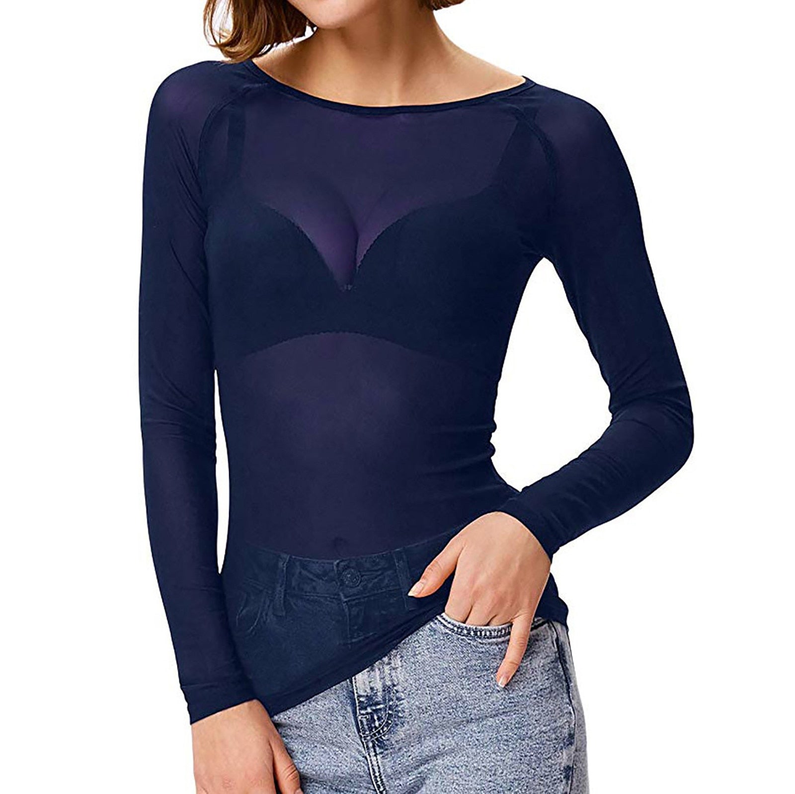 Sheer Top met lange mouwen - Zwart - Wit - Mesh Top met lange mouwen - Dameskleding-Boutique Moda