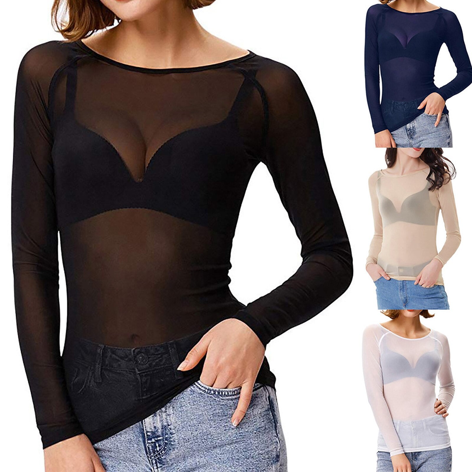 Sheer Top met lange mouwen - Zwart - Wit - Mesh Top met lange mouwen - Dameskleding-Boutique Moda