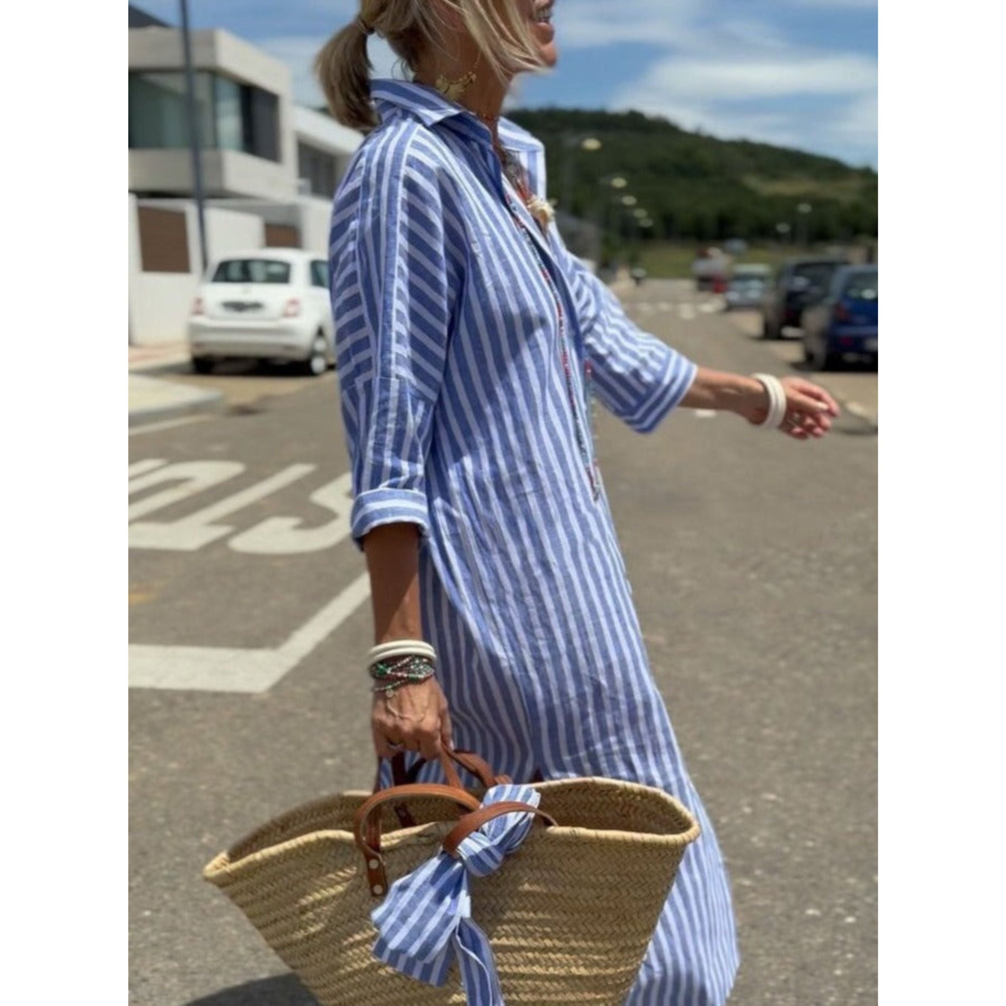 Shirtjurk | Knoopsluiting | Gestreepte | Maxi-jurk met lange mouwen | Maxi-jurk-Boutique Moda