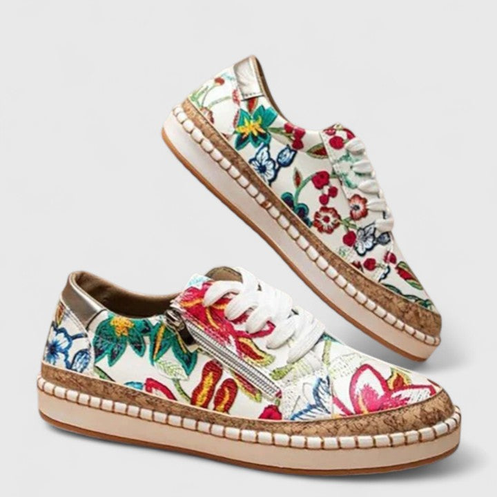 Sneakers met bloemenprint - Voor dagelijks gebruik - Dikke zool - Vetersneakers - Damesschoenen-Boutique Moda