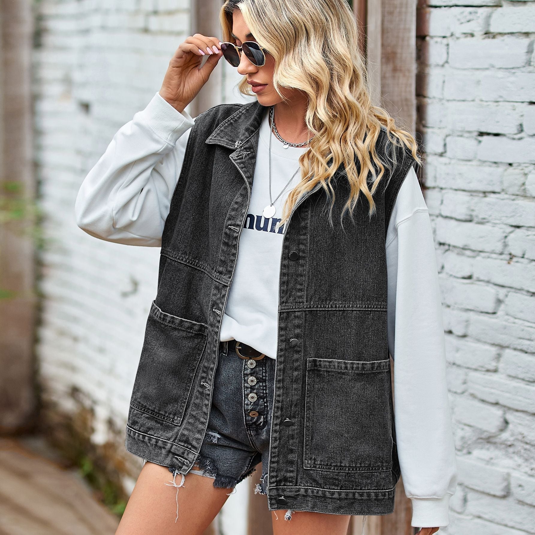 Spijkervest Dames Mouwloos | Oversized Denim Vest met Kraag en Zakken-Boutique Moda