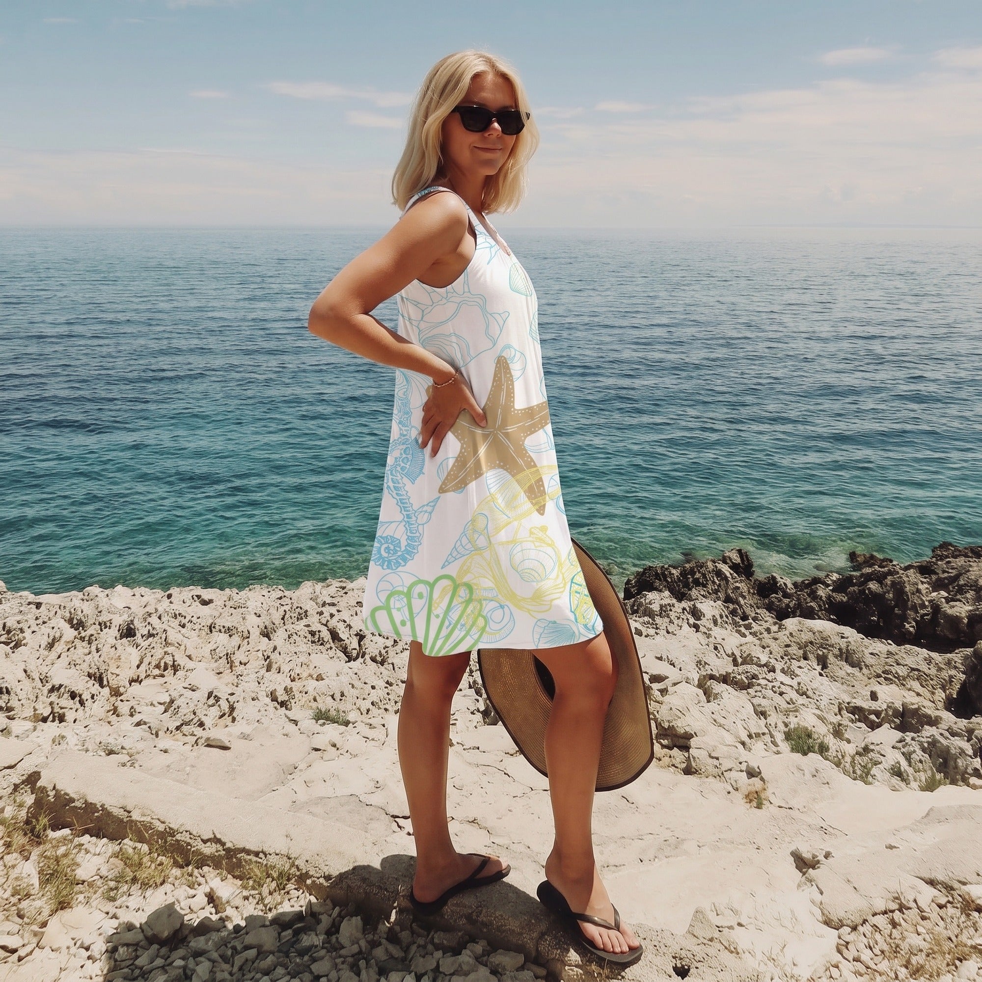 Strandjurk Dames – Mouwloze Losvallende Zomerjurk met Zeeprint-Boutique Moda