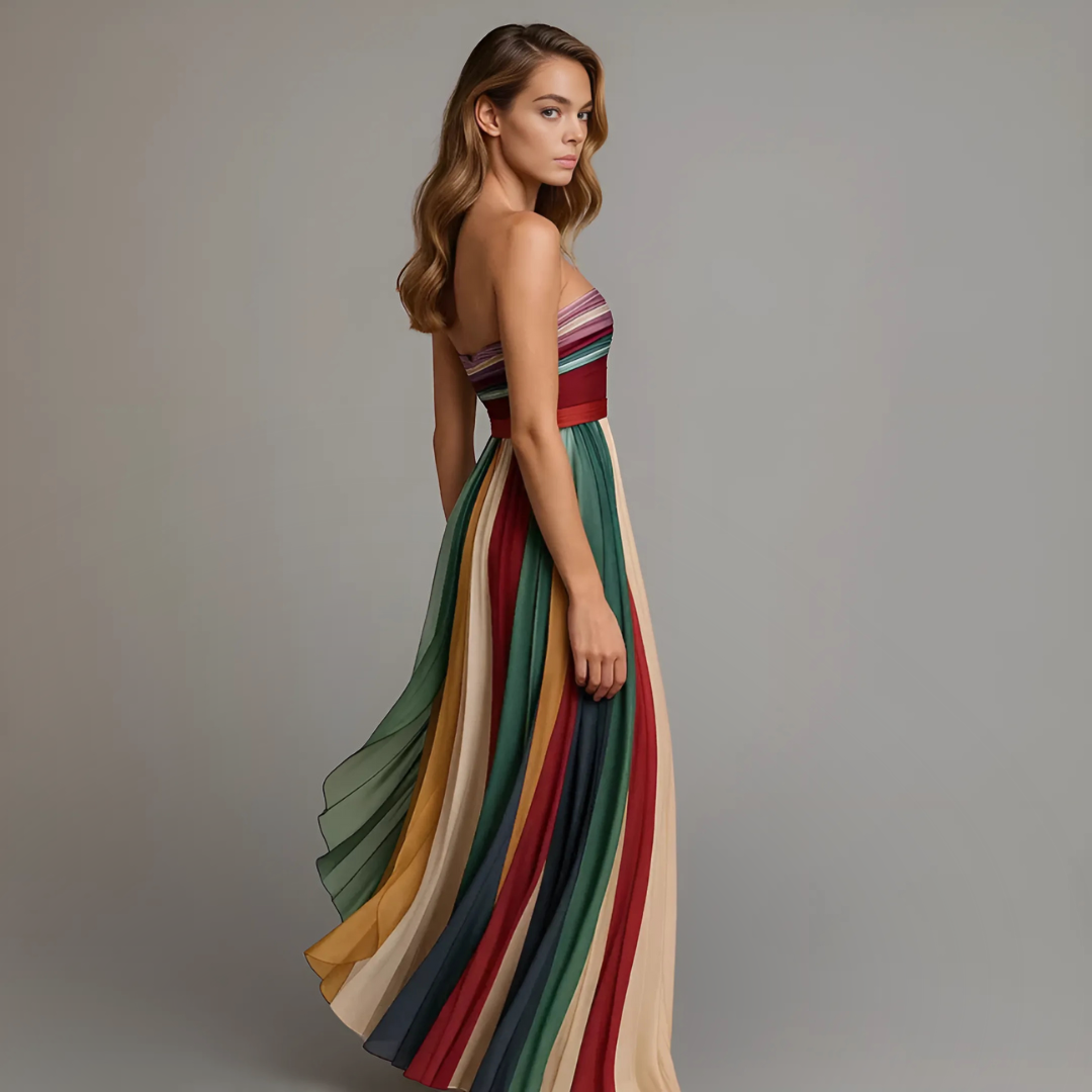 Strapless Maxi-jurk Dames | Kleurrijke Gestreepte Zomerjurk | Geplooid-Boutique Moda