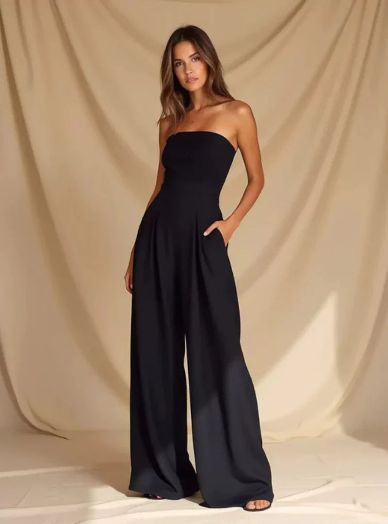Strapless jumpsuit - Elegante jumpsuit met plooien en wijde pijpen voor dames-Boutique Moda