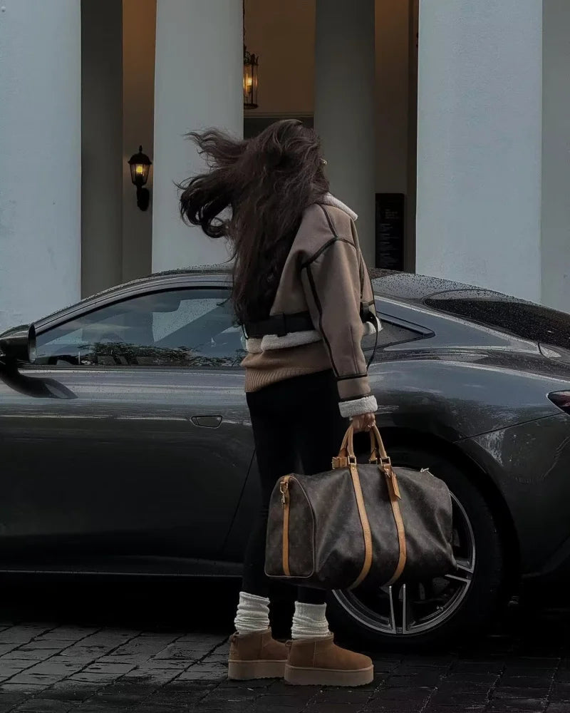 Suède Bikerjas - Bijgesneden - Teddy gevoerd - Winter Bikerjas - Damesjas-Boutique Moda