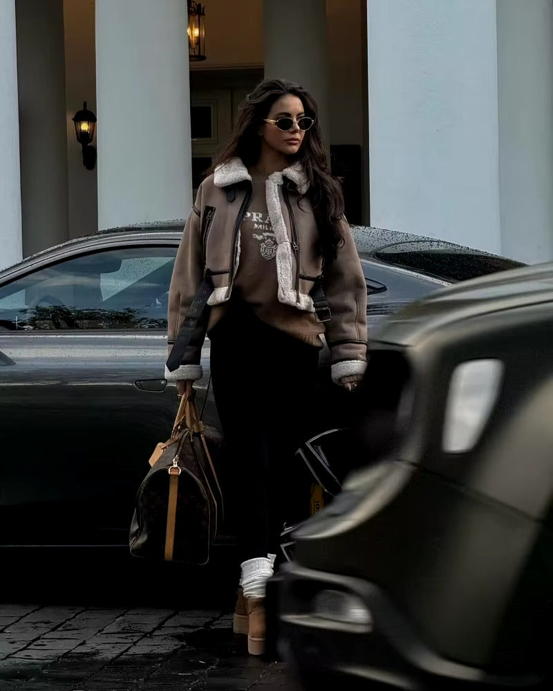 Suède Bikerjas - Bijgesneden - Teddy gevoerd - Winter Bikerjas - Damesjas-Boutique Moda