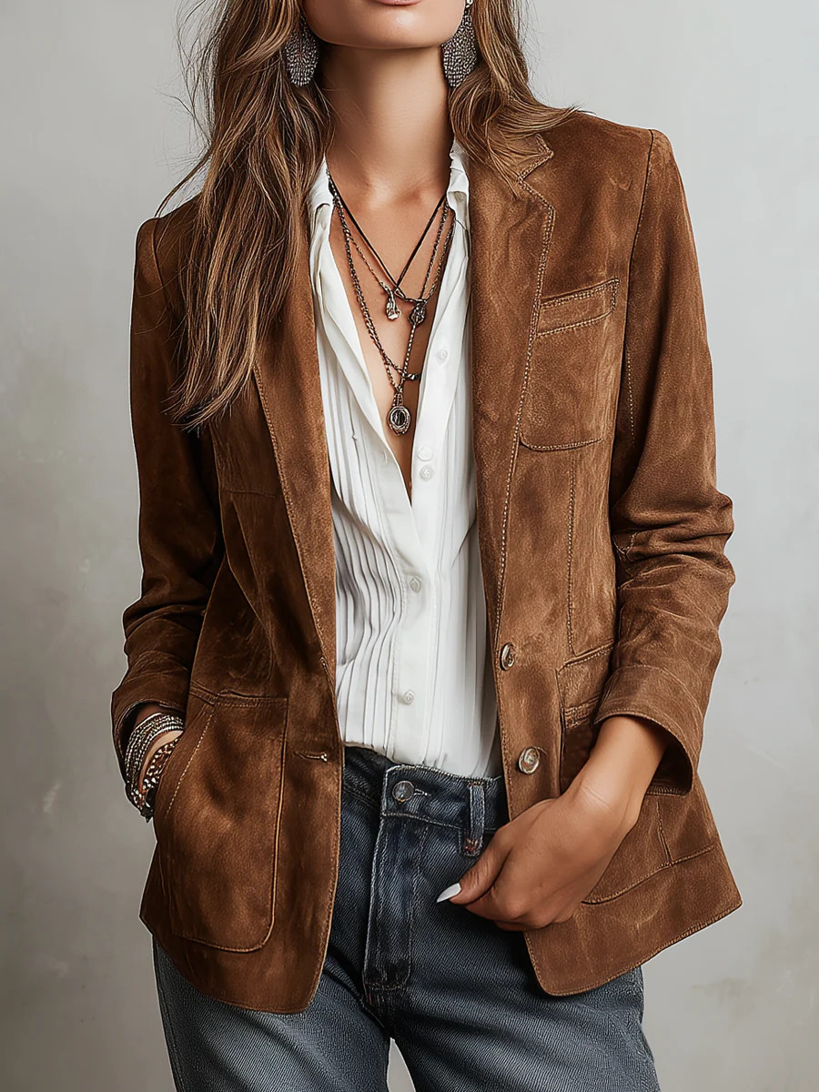 Bruine blazer in suèdelook gedragen door vrouw met witte blouse en sieraden | Boutique Moda